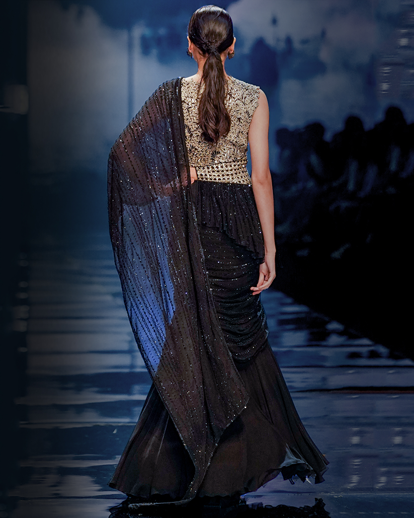 Buy Black Georgette Embellished Saree Style Dress Online in India